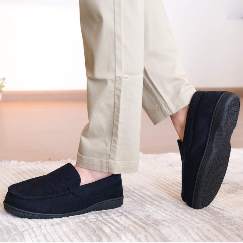 DL Men's Memory Foam Moccasin Slippers Breathable Moccasin Slippers Micro Wool House Shoes Anti-Slip Sole Indoor Outdoor, Navy, 10 - Image 2